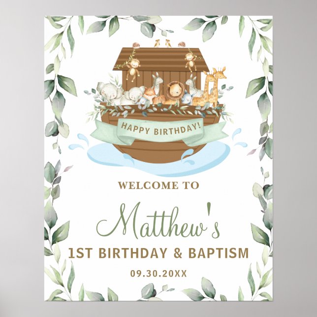 Poster Chic Greenery Noah's Ark Birthday Baptism Welcome (Frente)
