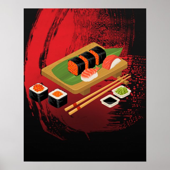 Poster Chic Moderno Elegante Sushi Preto e Vermelho (Frente)