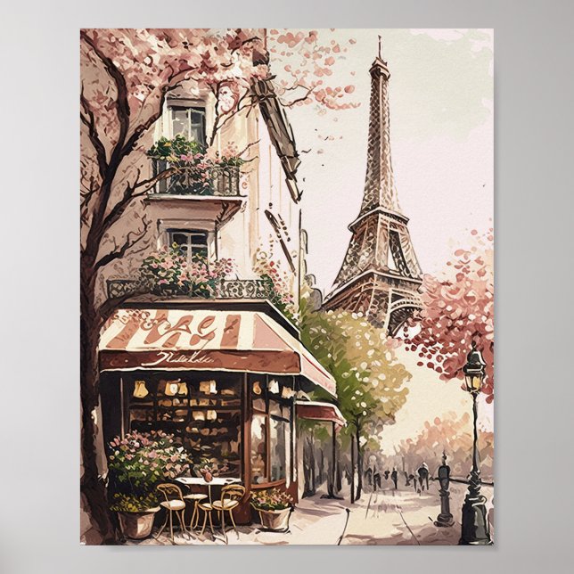 Poster Chic Parisiense Cafe Eiffel Tower Paris França Cen (Frente)