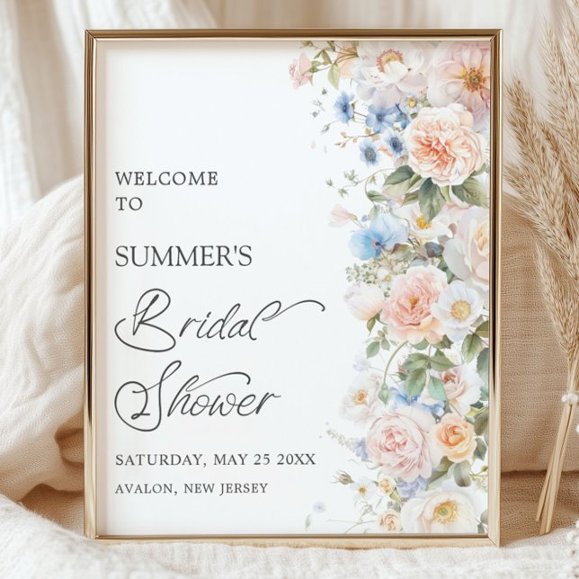 Poster Chic Pastel Bege Branco Azul Floral Chá de Noiva (vintage-shabby-chic-floral-blush-white-ivory-blue-flowers-roses-garden-bridal-shower-welcome-sign)