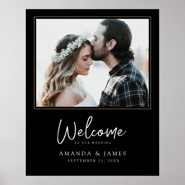 Poster Chic Photo Preto, Branco e Dourado Casamento Bem-v (Frente)