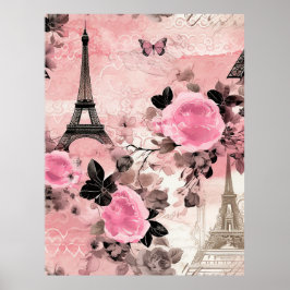 Poster Chic Pink Black & White Eiffel Tower Paris Francês
