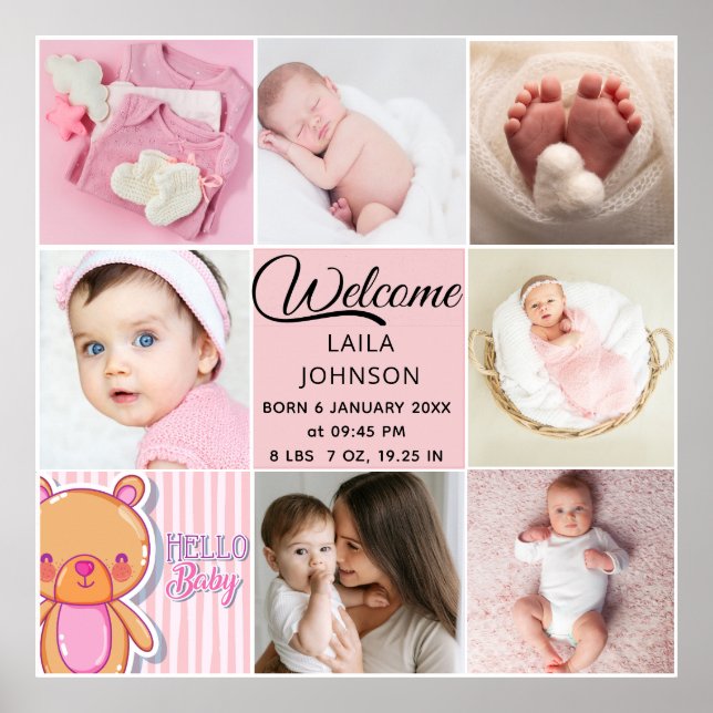Poster Chic Pink Custom name and baby girl photo collage (Frente)