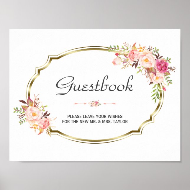Poster Chic Pink Floral Dourado Sinal de Guestbook (Frente)