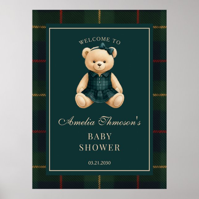 Poster Chic Preppy Teddy Bear Baby Shower Welcome  (Frente)