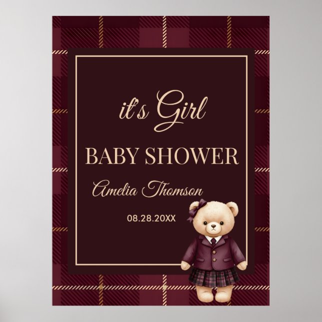 Poster Chic Preppy Urso de Pelúcia Chá de Bebê (Frente)