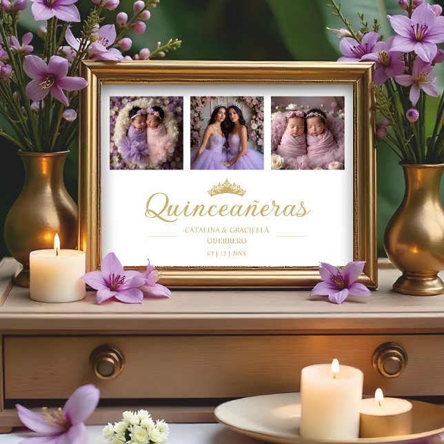 Poster Chic Romantic Then & Now 3-Photo Twins Quinceañera (Spanish Chic Romantic Then & Now 3-Photo Twins Double Quinceañeras Celebration Faux Golden Posters)