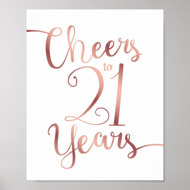 Poster Chic Rosa Dourado CHEERS PARA 21 ANOS Sinal Impres (Frente)