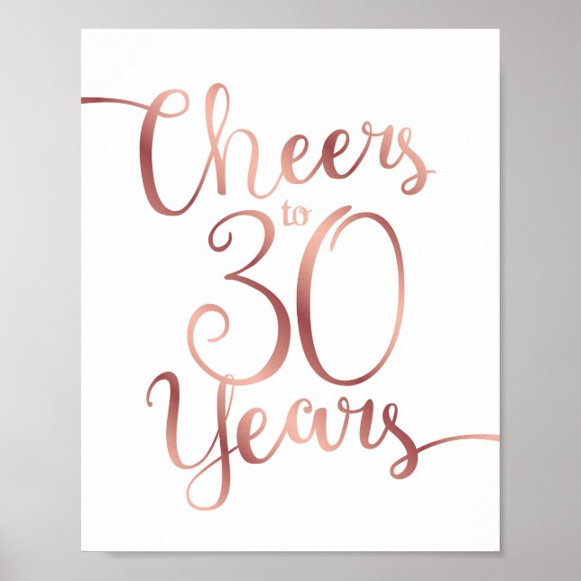 Poster Chic Rosa Dourado CHEERS PARA 30 ANOS Sinal Impres (Frente)