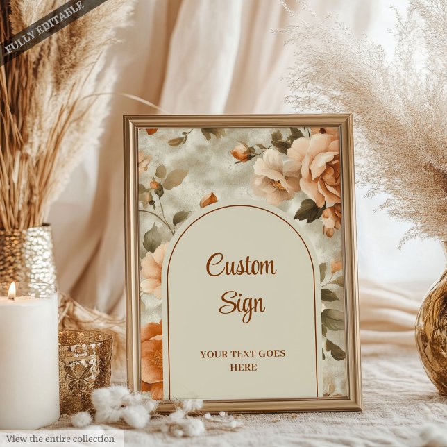 Poster Chic Rusty Beige Sage Green Floral Personalized  (Chic Rusty Beige Sage Green Floral Personalized Wedding Sign)