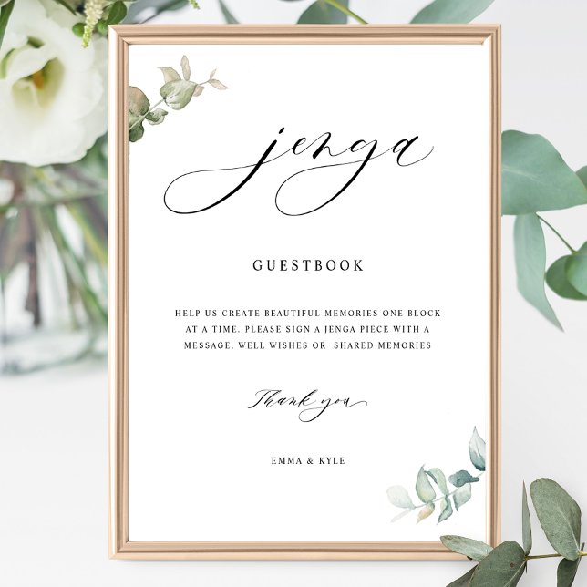 Poster Chic Script Jenga Greenery Wedy Sign (Criador carregado)