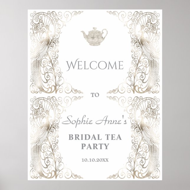 Poster Chic Silver Peacock Bridal Tea Party - Sinal de bo (Frente)