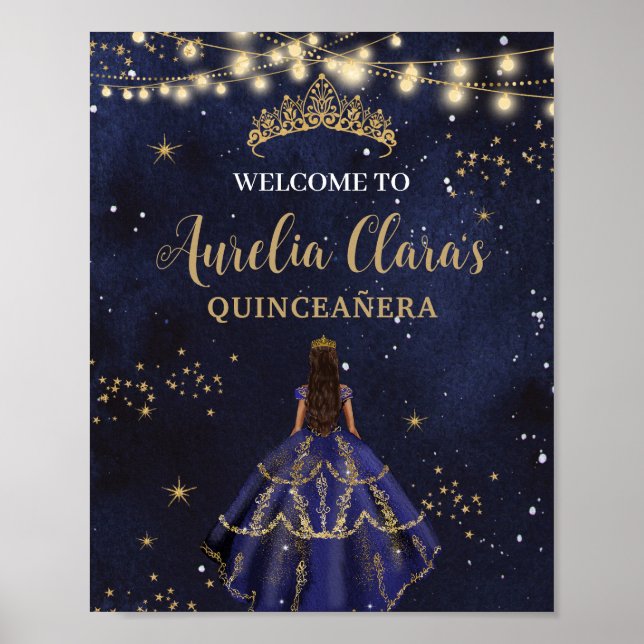 Poster Chic Starry Night Navy Blue Dress Gold Quinceañera (Frente)
