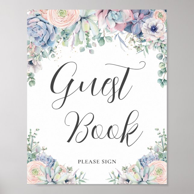 Poster Chic Succulents Blush Floral Weding Guest Book (Frente)