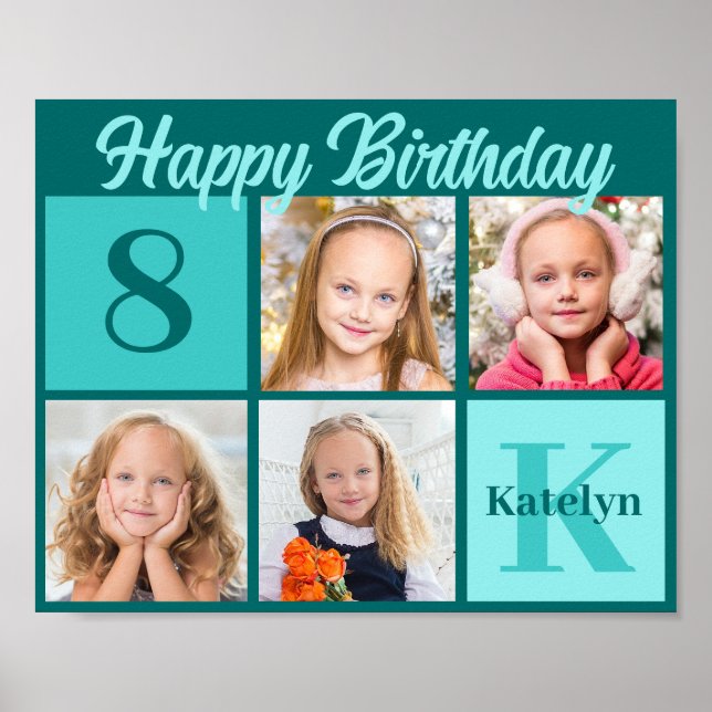 Poster Chic Teal Birthday Party Custom Photo Collage (Frente)