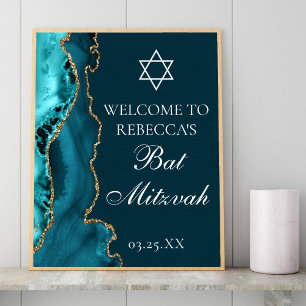 Poster Chic Teal Dourado Agate Bat Mitzvah Partido Bem-vi
