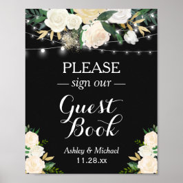 Pôster Chic White Floral String Lights Sinal Nosso Guestb