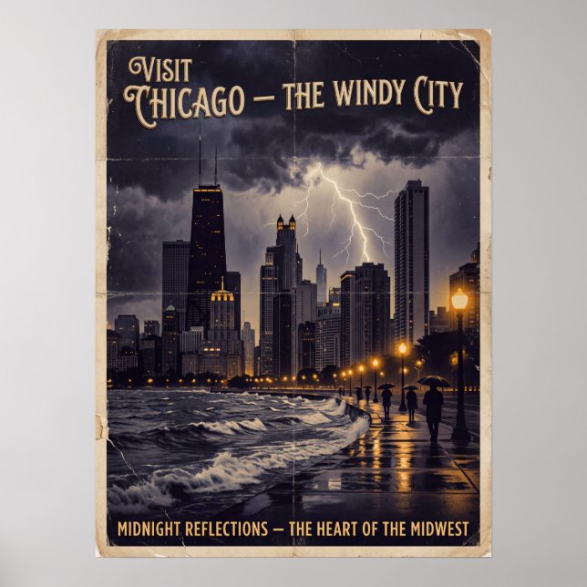 Poster Chicago Cidade Ventosa Viagem Noir Vintage  (Frente)