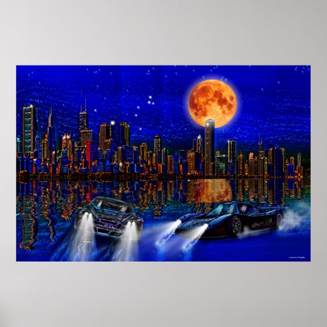 Poster Chicago City Skyline e Street Racing Cars (Frente)