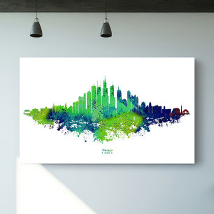 Poster Chicago City Skyline Watercolor em azul e limão