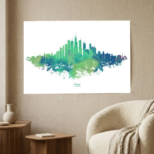 Poster Chicago City Skyline Watercolor em azul e verde