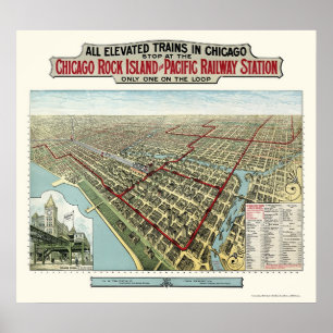 Pôster Chicago Elevated Trains, IL Panorâmica Map - 1893