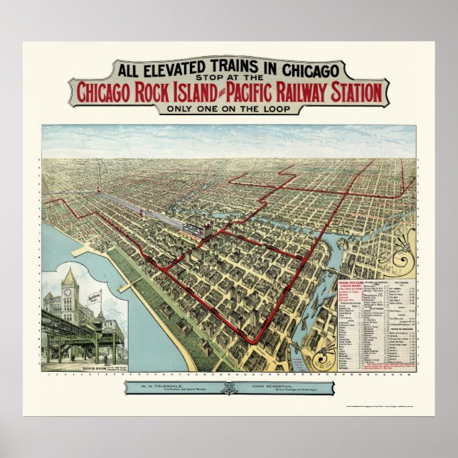 Pôster Chicago Elevated Trains, IL Panorâmica Map - 1893 (Frente)