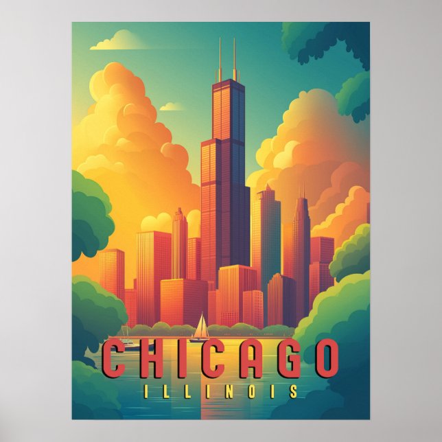 Poster Chicago Icônica Skyline & Lake Michigan (Frente)