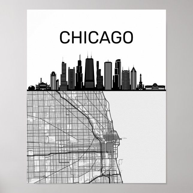 Poster Chicago Illinois City Skyline With Map (Frente)