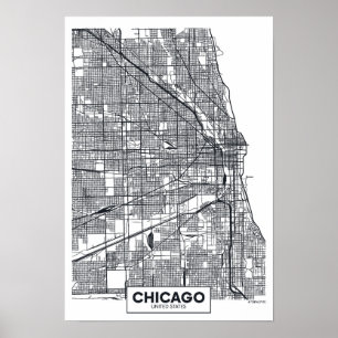 Pôster Chicago, Illinois Mapa da cidade de preto e bran