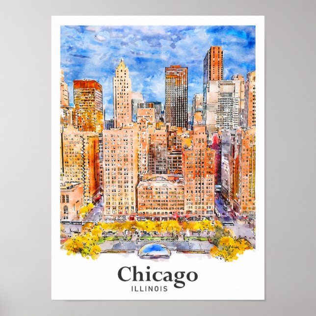 Poster Chicago Illinois Viagem Watercolor Hand Drawn (Frente)