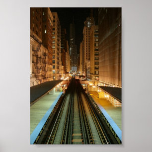 Pôster Chicago "L" estação na noite