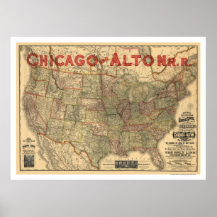 Pôster Chicago & mapa 1883 da estrada de ferro de Alton
