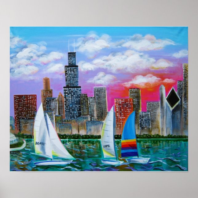 Poster Chicago Skyline pelo lago Michigan (Frente)