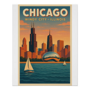 Pôster Chicago Skyline Retro - Viagem pela Cidade do Vent