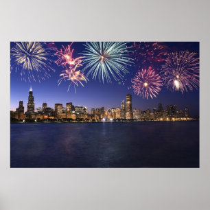 Pôster Chicago Skyline with Fireworks Print