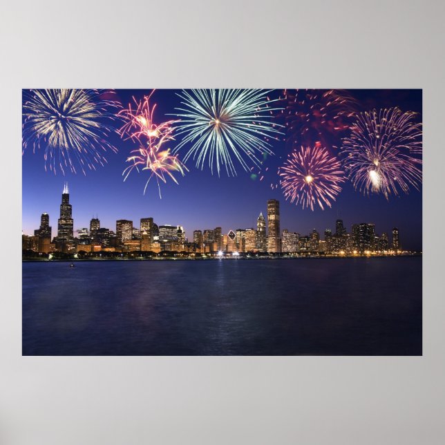 Pôster Chicago Skyline with Fireworks Print (Frente)