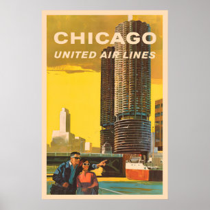 Poster Chicago - United Air Lines Cartaz de Viagem Antigo