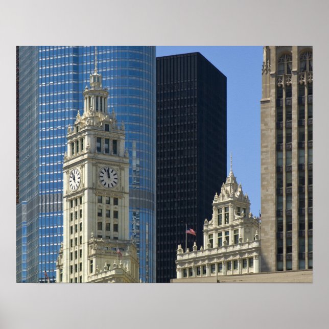 Pôster Chicago, Wrigley Building com Trump Hotel e (Frente)