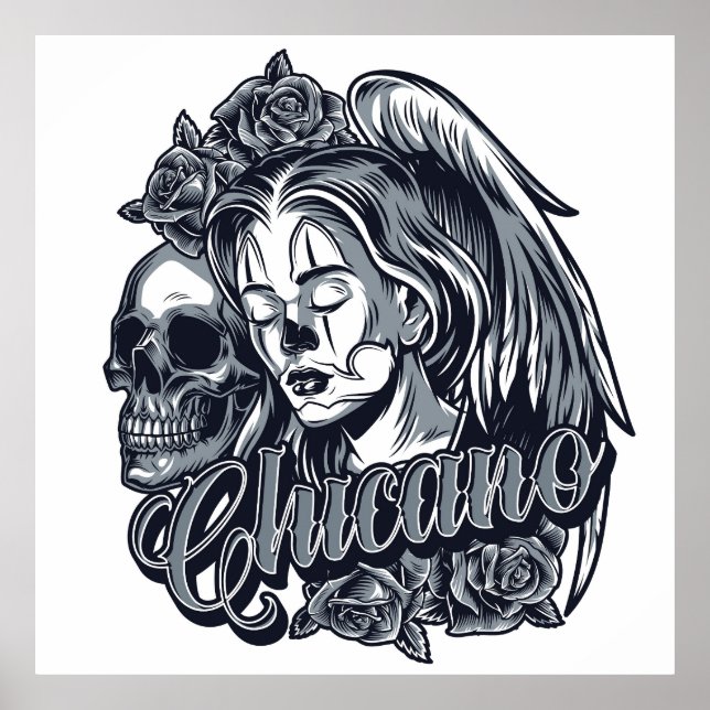 Poster Chicano (Mulher com Asas, Rosas e Caveira) (Frente)