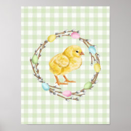 Poster Chick And Colorful Willow Wreath Green Easter
