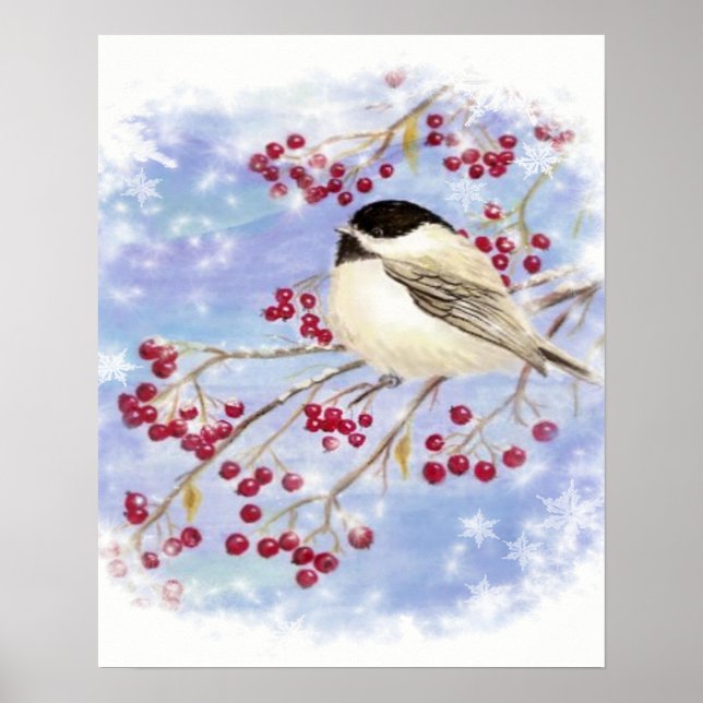 Poster Chickadee Bird Frosty Window Winter art (Frente)