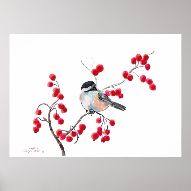 Poster CHICKADEE & RED BERRIES por SHARON SHARPE (Frente)
