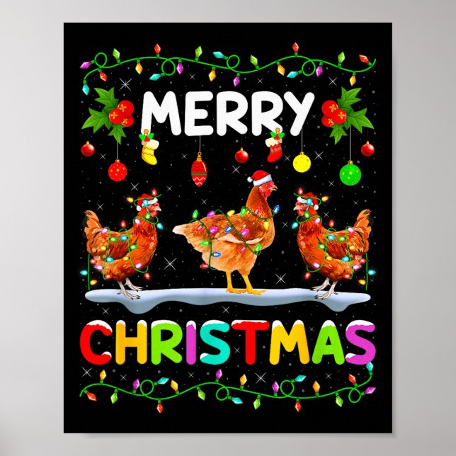 Poster Chicken Merry Christmas Lights Santa Hat Funny Chi (Frente)