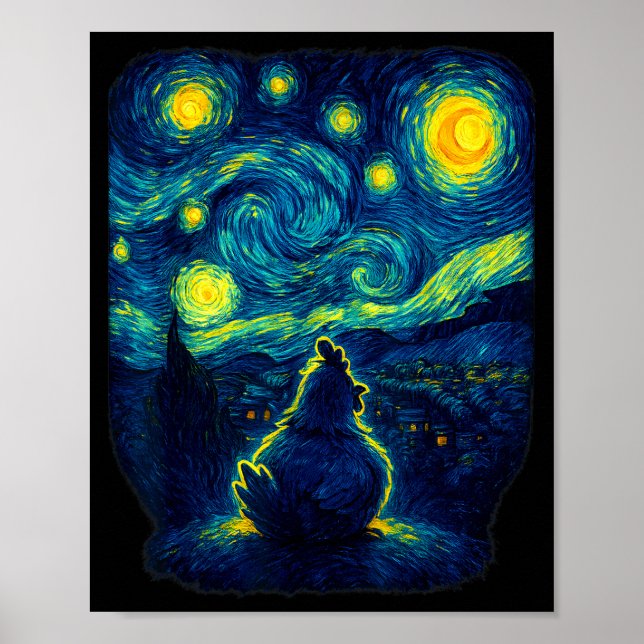 Poster Chicken Starry Funny Night Van Gogh Farm Lover Gir (Frente)