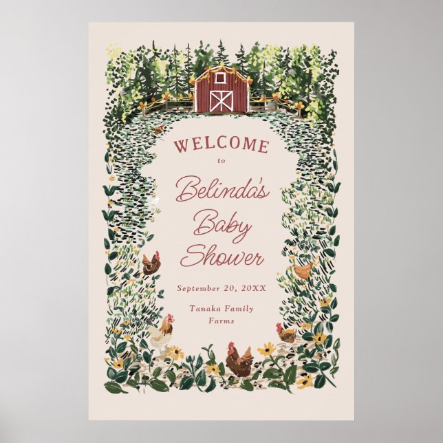 Poster Chickens Barn Charming Farm Baby Shower Welcome (Frente)