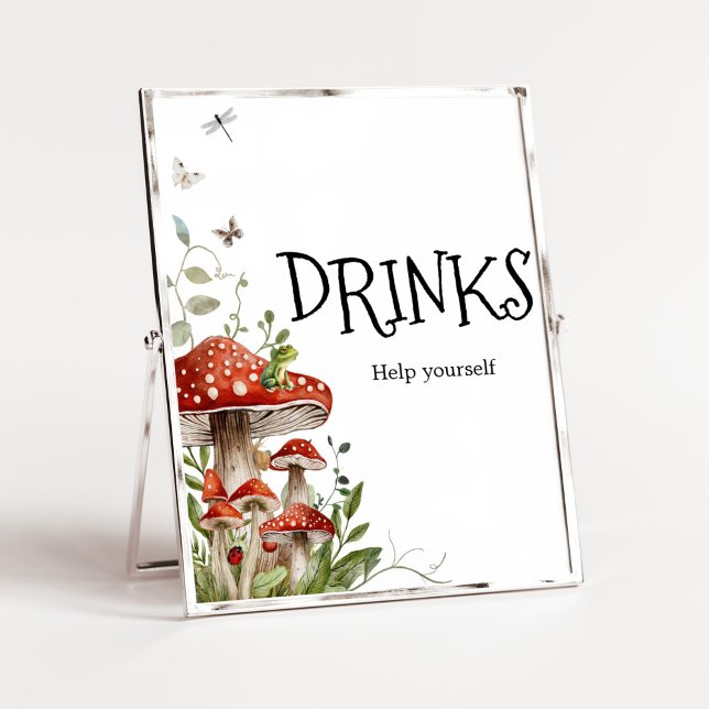 Poster Chicletes Whimsical Fungi Cogumelo Cair Chás de fr (Whimsical Mushroom Baby Shower Drinks Sign)