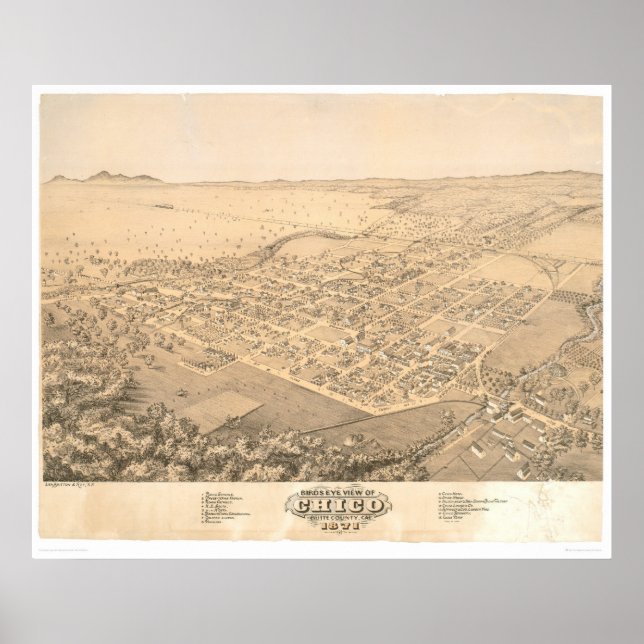 Pôster Chico, CA. Mapa Panorâmico 1871 (0272A) (Frente)