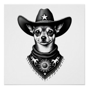 Pôster Chihuahua Antigo Estilo de Gravura Cowboy Ocidenta