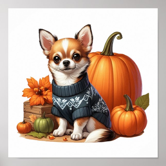 Poster Chihuahua bonitinho em Suéter com Pumpkins (Frente)